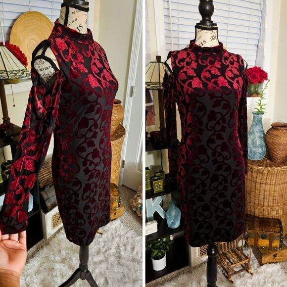 Design Lab Sexy Cold Shoulder Burgandy Burnout Velvet Bodycon Dress. M Fit - Picture 1 of 16